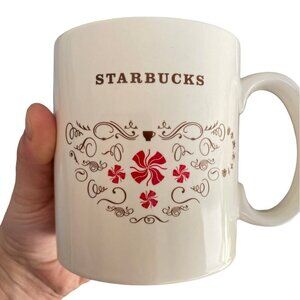 Starbucks 18 Oz 500 mL Mug, Red Pinwheels Ribbons Squiggles, Beige, Coffee